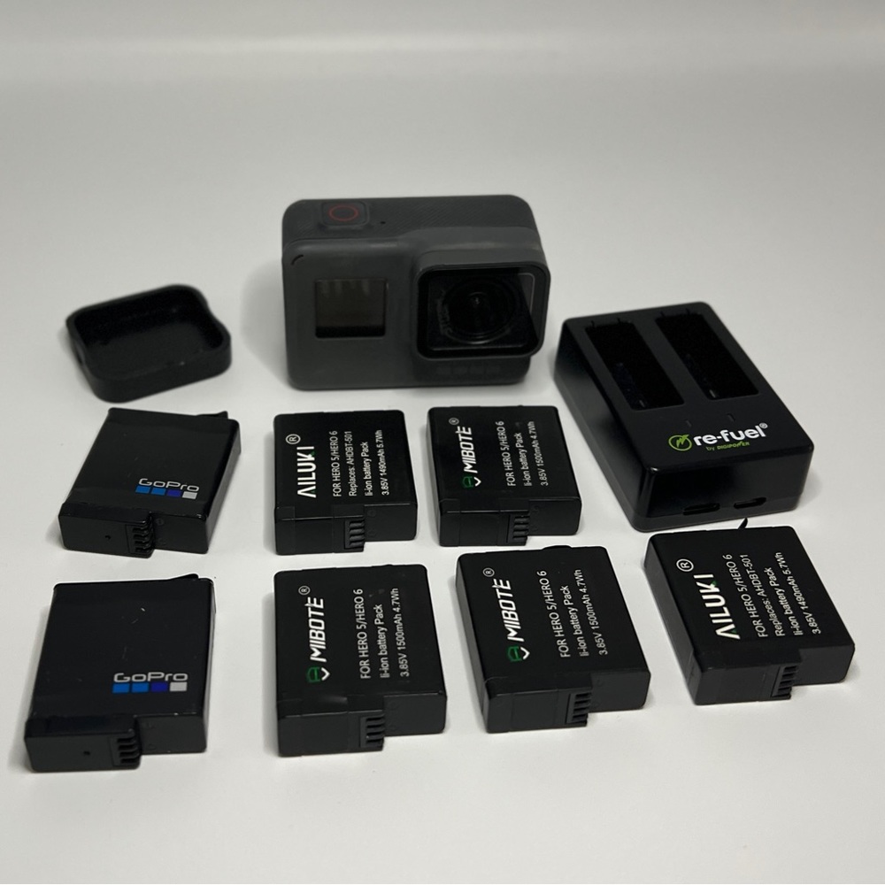GoPro Hero 6 + 7 batteries, Battery Charger, Case, Lens Cover